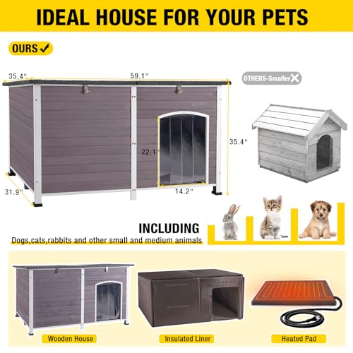 Heated Dog House with Electric Heating Pad Extra Large 59.1" Outdoor & Indoor Dog Kennl with Insulated Liner Keep Warm in Winter (59.1"Grey(Heating pad))