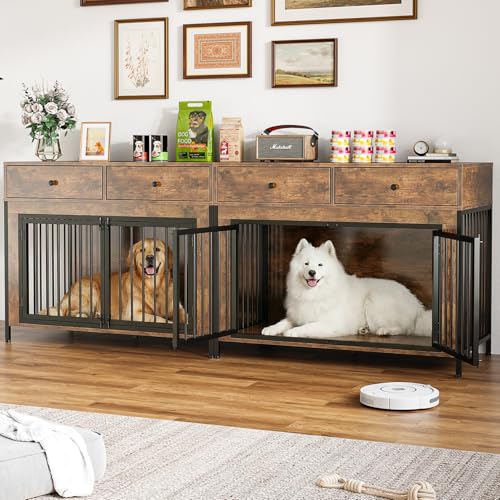 44 Inch Large Dog Crate Furniture with Storage Drawers (New Brown / 89"L x 23.6"W x 34.5"H)