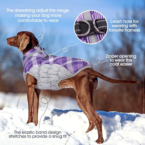Dog Cold Weather Coats Reflective Dog Warm Jacket with Harness (Purple Plaid / M(chest:21in))
