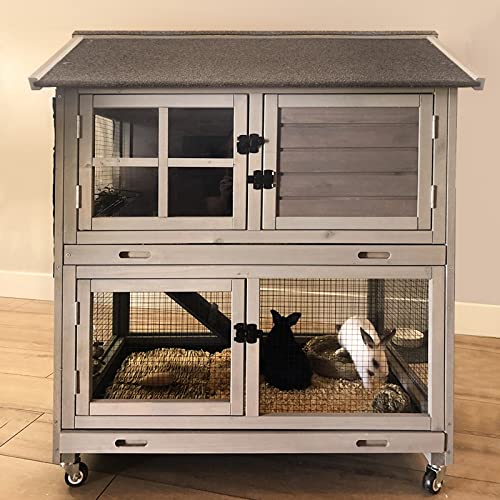 Rabbit Hutch Indoor Outdoor Bunny Cage Rabbit House with Movable Wire Netting (Gray / 38.6"L x 25.6"W x 44.2"H)