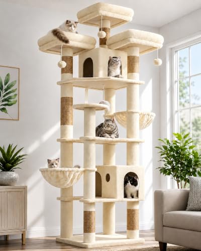 Cat Tree Tower for Multiple Adult Cats (82 inch / Beige)