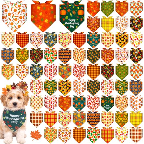 72 Pcs Thanksgiving Dog Bandanas Bulk Pumpkin Triangle Scarf (Thanksgiving 2)