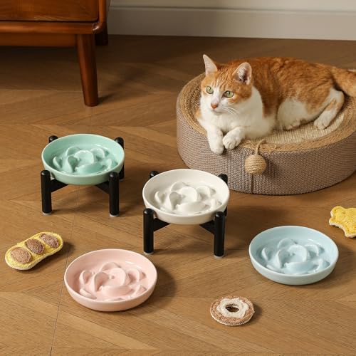 Elevated Ceramic Slow Feeder Cat Bowl (Blue Raised (Metal) / 3.9"H Raised (Metal))