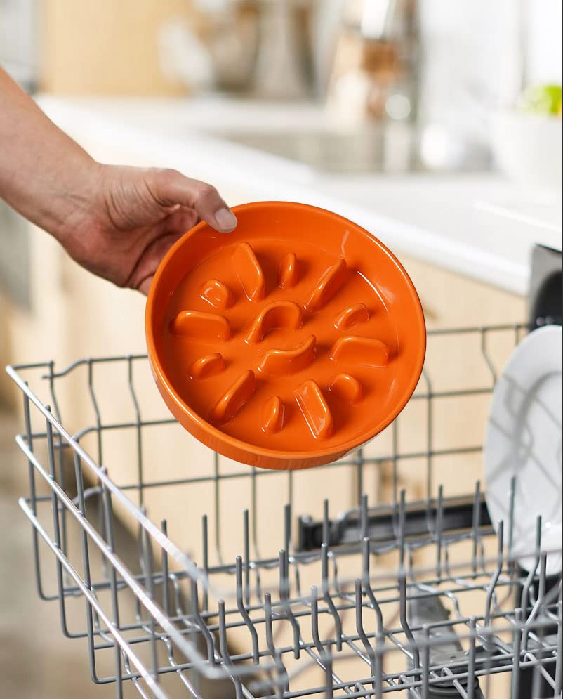 Ceramic Slow Feeder Puzzle Bowl Elevated 1.5 Cup with Wooden Stand for Small & Medium Dog (Sun Orange+Stand / M-1.5 Cups)