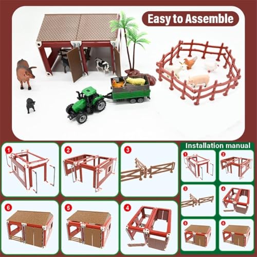 66PCS Mini Farm Animal Barn Toy with Tractor Trailer Fence for Kids Ages 3+ (Farm Animals Toys)