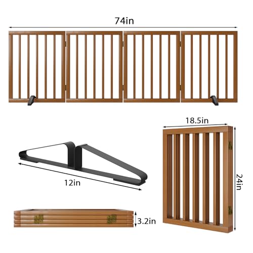 Freestanding Pet Gate Foldable 4 Panel Dog Gate Walnut Dog Gates for Stair Doorways House Indoor (Walnut / 4 Panel - 74 inches Wide)