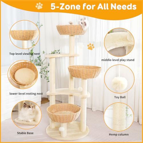 52 Inch Modern Cat Tree for Large Cats with Three Woven Basket Beds (2)