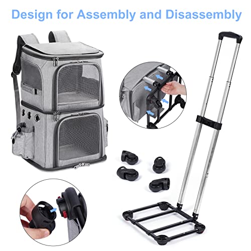 Double Compartment Cat Carrier Backpack with Wheels for Two Pets (14.6"L x 11.2"W x 21.6"H / Grey)