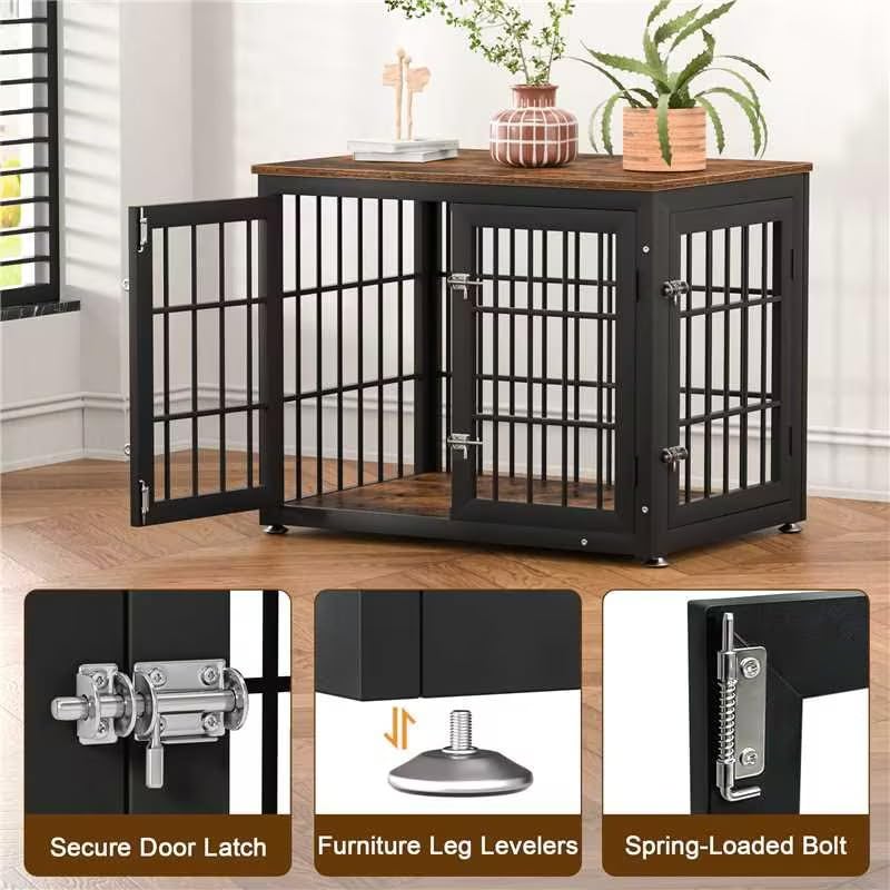 32" Heavy Duty Dog Crate Furniture for Small and Medium Dogs (Black + Rustic Brown / 32.7"L x 23.6"W x 26.2"H)
