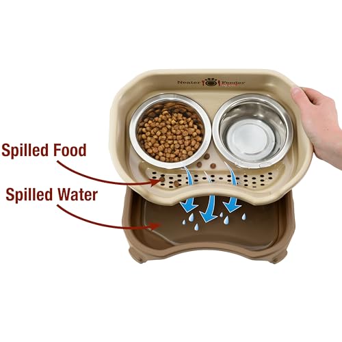 Express Mess Proof Dog Bowls Elevated for Small Breeds Under 15 Lb (Small w/ Metal Slow Feed Bowl / Cappuccino)