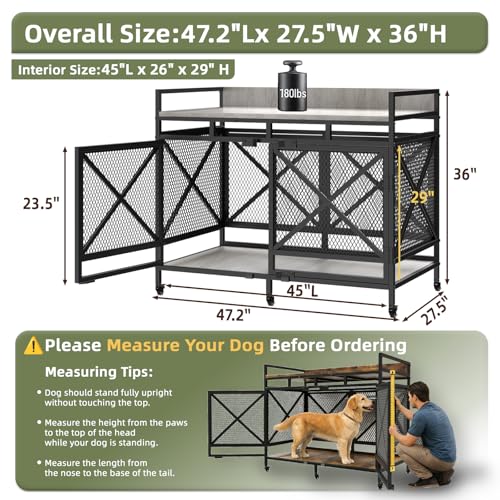 48" Dog Crate with Wheels (Light Grey / 36.0"L x 27.5"W x 47.2"H)
