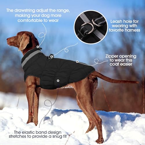 Dog Winter Coat Fleece Warm Large Dog Coat with Harness Built in (Solid Black / XXL(chest:35in))