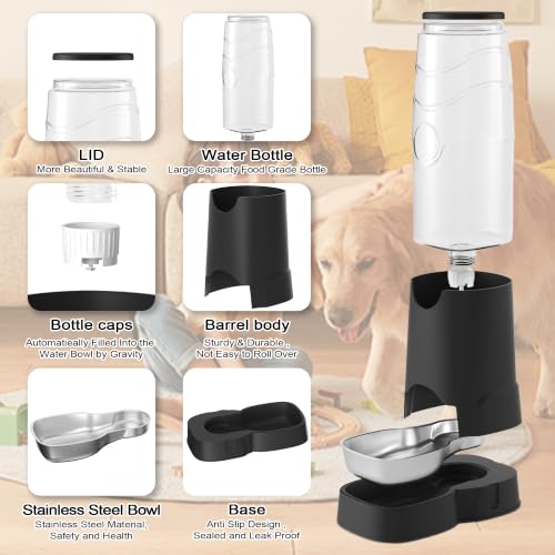 8L Automatic Dog Water Dispenser with Stainless Steel Feeder Bowl (Black)