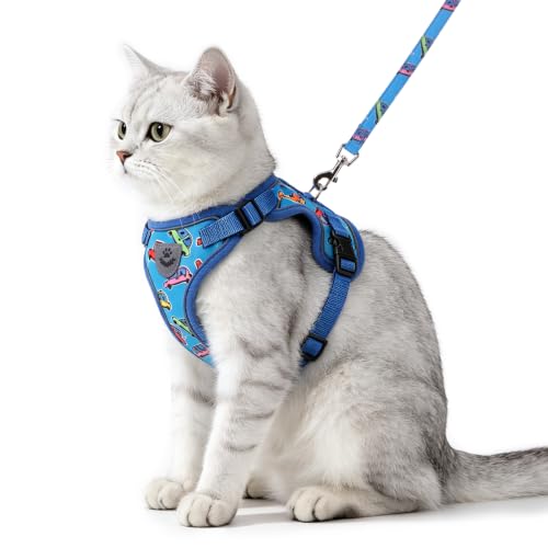 Cat Harness and Leash Set Escape Proof Reflective Cat Walking Harness Adjustable Soft Breathable Mesh Vest for Small Pets (S (NECK 9.5"-11", CHEST 13"-16") / Blue(Cars))