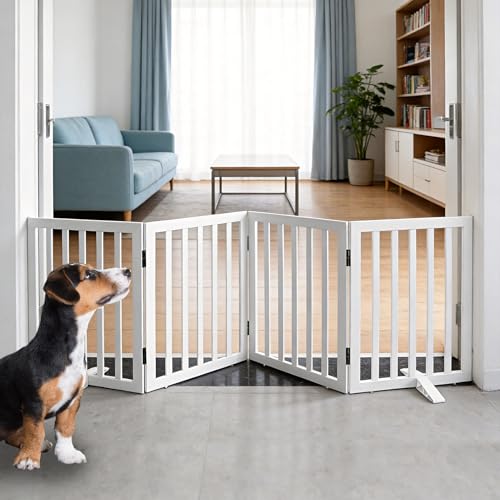 Freestanding Indoor Dog Gate for House Foldable Wood White Puppy Gate for Doorways Pet Gate for Stairs Extra Wide Pet Fence 24" Height 4 Panels (White / 【4 Panels】80''w x 24''h)