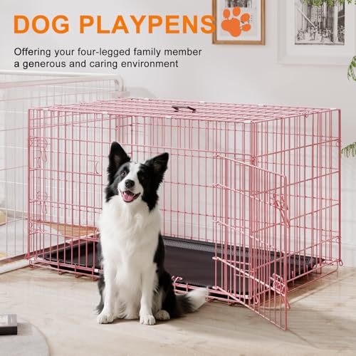 42" Foldable Metal Dog Crate (Pink)