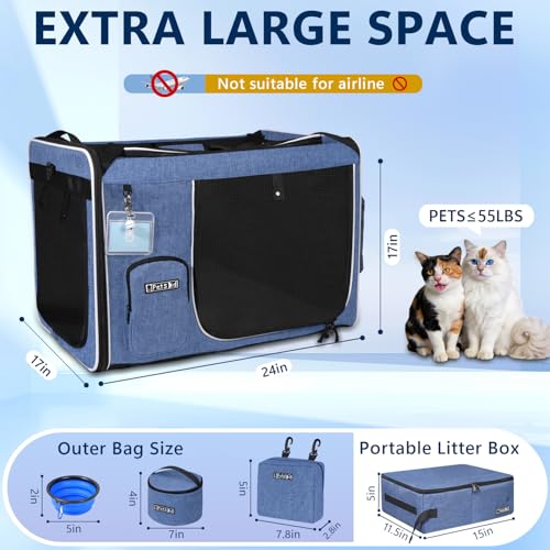 Extra Large Cat Carrier with Litter Box for Car Travel (Blue)