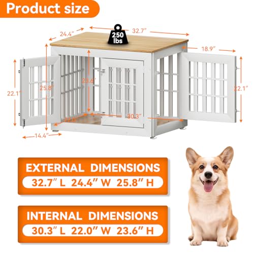 32" Heavy Duty Dog Crate Furniture for Small (32.7"L x 24.4"W x 25.8"H / White+Wood)