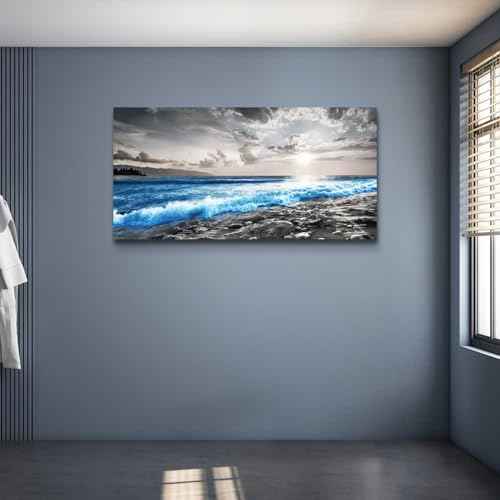 Large Wall Decor For Living Room Canvas Wall Art For Office Bedroom Decorations Blue Ocean Wave Wall Painting Black and White Beach Pictures Artwork Modern Mural Home Decor (60"L x 30"W / Blue Sea Wave Pictures)