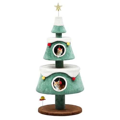 63" Christmas Cat Tree with 2 (Green+White / 63in)