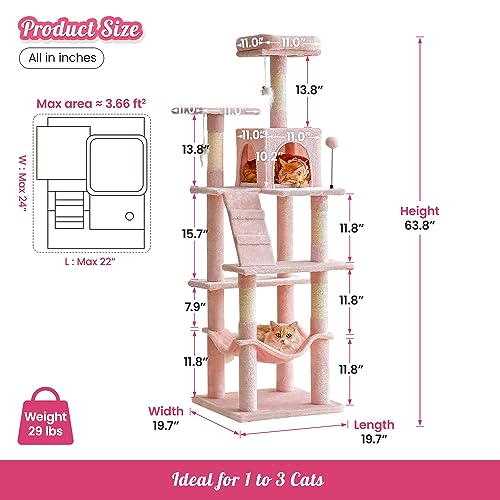 63.8 Inch Pink Cat Tree for Indoor Cats (63.8 in / Pink)