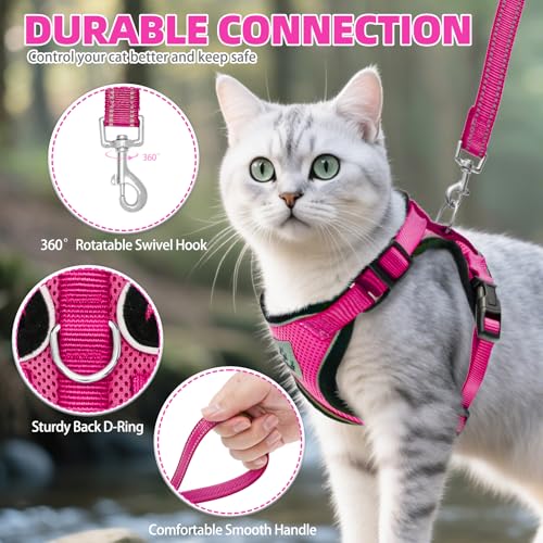 Cat Harness and Leash Set Escape Proof Reflective Cat Walking Harness Adjustable Soft Breathable Mesh Vest for Small Pets (S (NECK 9.5"-11", CHEST 13"-16") / Deep Pink)