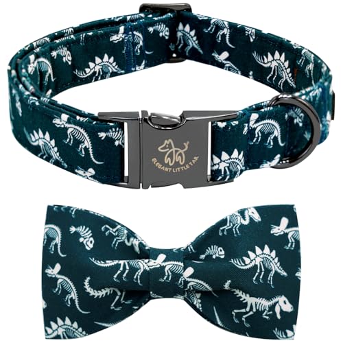 Dog Collar Dinosaurs Print Pet Collars with Bow Soft Cutton Boy Puppy Gift Adjustable Blue Bowtie Dog Collar for X (Fossil Dinosaurs / X-Large (Pack of 1))