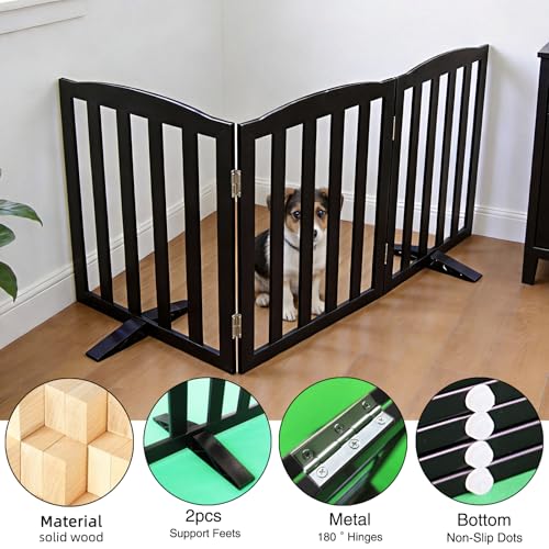 Foldable Freestanding Indoor Dog Gate for House Wood Long Pet Gates Dog Fence for Stairs Puppy Gates for Hallways (Black / 【3 Panels】60''w X 32''h)