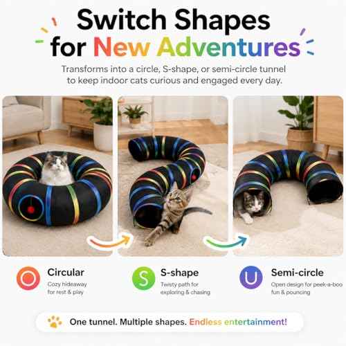 Cat Tunnel Toy with Plush Ball & Cat Wand Feather Toys (1 Pack - Round Tunnel / Black)