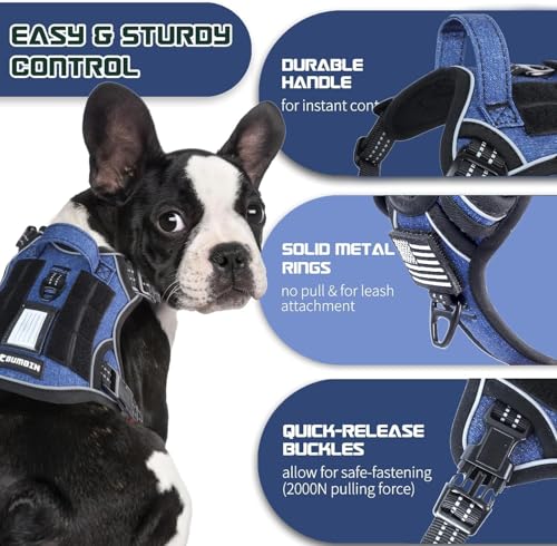 Tactical Dog Harness for Small Dogs No Pull (Denim Blue / XS(Neck:10-12", Chest:12-21"))