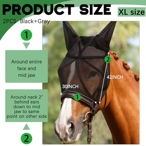 2 Pcs Horse Fly Mask with Ears Adjustable UV Protection Horse Fly Mask Accessories Large Eye Space with Ears for Horses Summer (XL-warmblood)