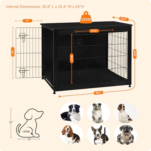 38.5" XL Dog Crate Furniture with Cushion (Black / 38.5"L x 25.6"W x 26.8"H)