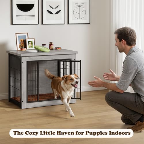 Wooden Dog Crate Furniture with Thick Cushion (S(27.3" x 20.1" x 23.7") / Grey)
