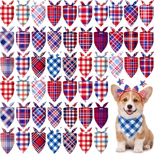50 Pcs Veterans Day Dog Bandanas Bulk (Red White Blue Plaid / 19.7 x 13.8 x 13.8'')