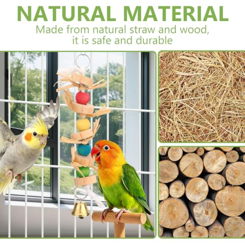 Parrot Pet Bird Chew Bird Toys Parakeet Toys Wooden Straw with Bell Cage Swing Toys Bird Cage Hanging Accessory (Wooden Straw)