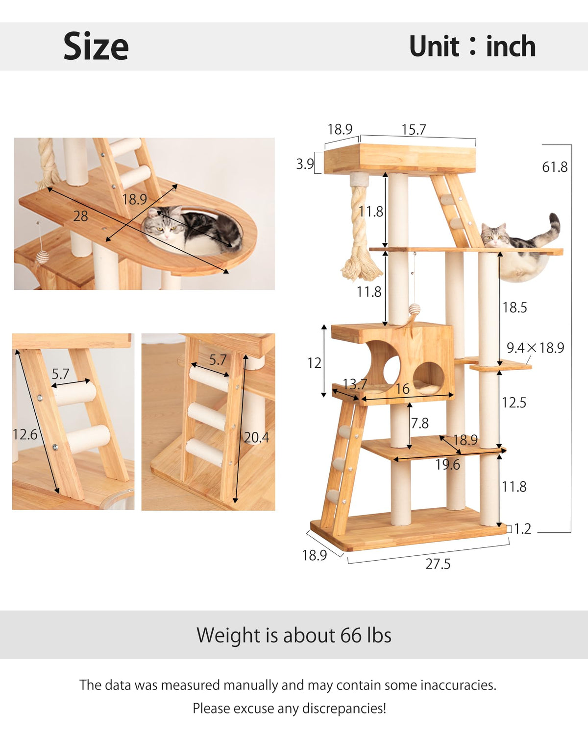 61.8" Wood Cat Tree Tower for Large Cats (Nature SP160)