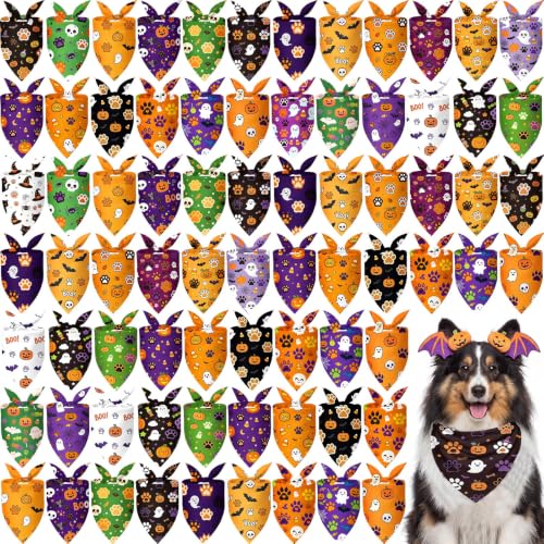 100 Pcs Halloween Dog Bandanas Bulk Cute Dog Paw Prints Pattern (Halloween Paw Prints / 25.6 x 17.7 x 17.7 Inch)