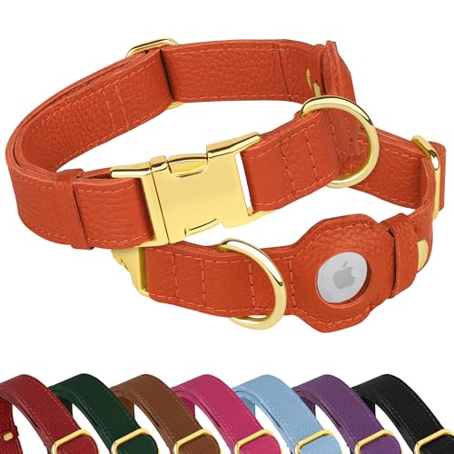 Leather Airtag Dog Collar (Orange / M, 14"-18" Neck Fit)