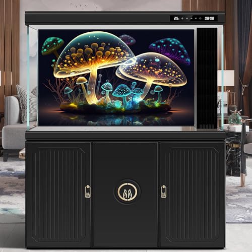 Mushroom Aquarium Background Abstract Glowing Fantasy Mushrooms Terrarium Background Mysterious Forest Magical Night In Circle Shape Crystal Glass Fish Tank Backdrop Decorations Vinyl 30x12in (30(W)x12(H)in / Light Orange)
