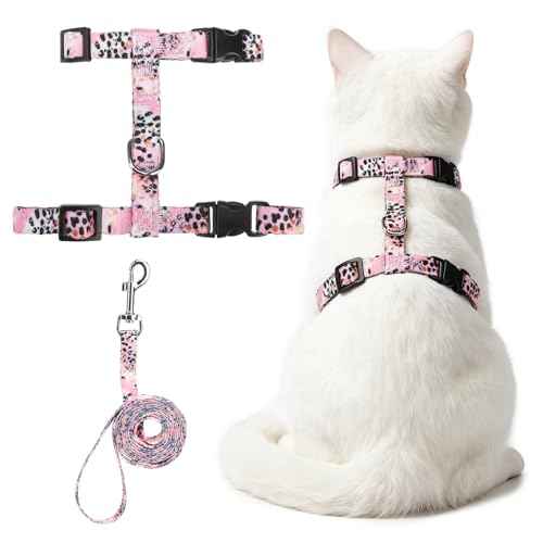 Adjustable Cat Harness and Leash Set Escape Proof Kitten Strap Collar for Walking Travel (Small / Pink(Leopard Print))