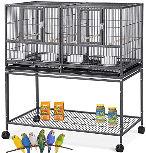 Combo One Stacker Strudy Wrought Iron Center Divided Breeder Breeding Bird Flight Double Rolling Cage for Aviaries Canaries Cockatiels Lovebirds Finches Budgies Small Parrots (Black Vein)