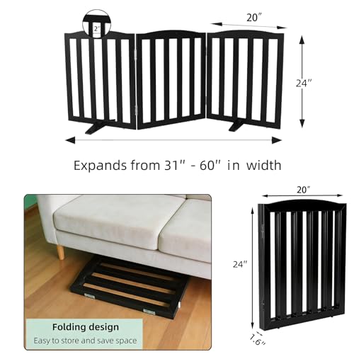 Foldable Freestanding Indoor Dog Gate for House Wood Long Pet Gates Dog Fence for Stairs Puppy Gates for Hallways (Black / 【3 Panels】60''w X 24''h)