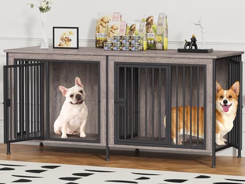 63" Dog Crate Furniture for 1 or 2 Dogs (Oak Grey / 63.0" x 23.6" x 27.9")