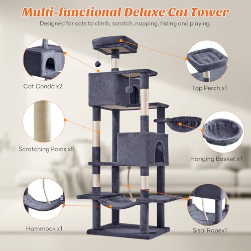 66 Inch Large Cat Tree Tower with Scratching Posts (Dark Grey / 66.9Inch)
