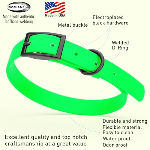 Biothane Waterproof Dog Collar Strong Coated Nylon Webbing with Black Hardware Odor (W5/8" x L12-15" / Tropical Green)