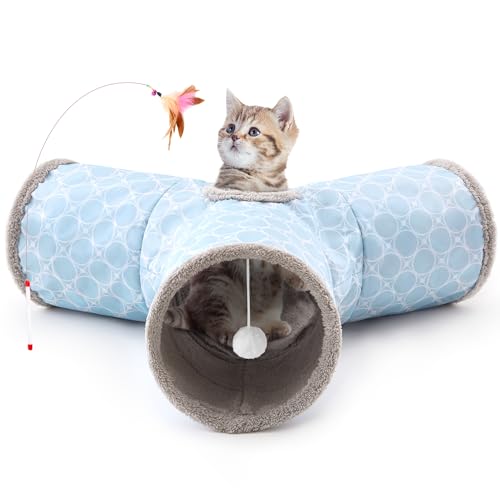 Cat Tunnel, 3-Way Collapsible Toy for Indoor Cats, Geometry Blue (Geometry Blue / Small)