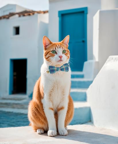 2 Pack Soft Cotton Cat Collars with Bowtie and Bell Breakaway Plaid Cat Kitten Collar (S:Neck 7.0" - 11.0" / Plaid - Ocean Blue+Mocha Tweed)