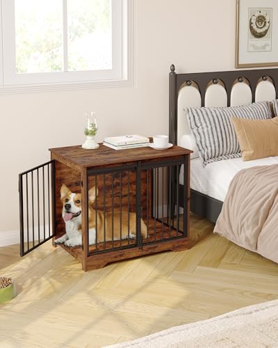 31.9" M Dog Crate Furniture Indoor Dog Kennel with Barn Door (Rustic Brown / 31.9"L x 21.7"W x 26.6"H)