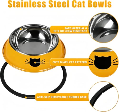 2 Pcs Non Slip Stainless Steel Small Cat Food Bowls (Yellow / 7 oz)