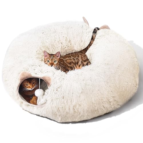 Cat Tunnel with Cat Bed for Indoor Cats (Cream white)